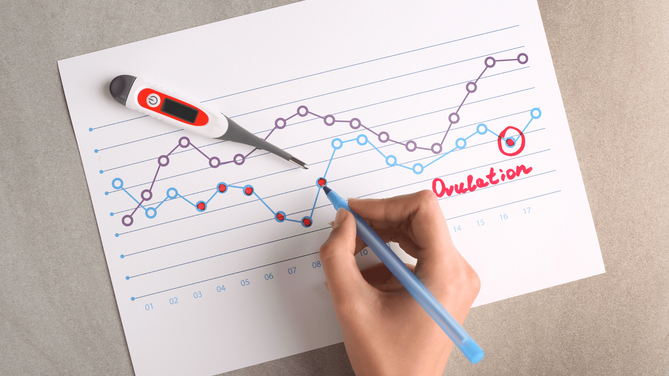 A sample Basal Body Temperature (BBT) chart showing temperature fluctuations throughout a menstrual cycle, with a noticeable temperature rise after ovulation.